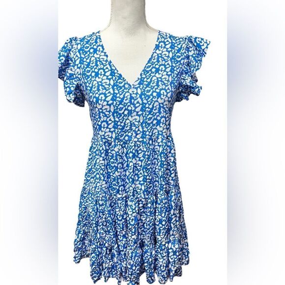 Pinch Tiered Mini Dress Blue White Ruffle Sleeveless - Picture 1 of 7